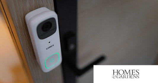 Lorex 2K Wi-Fi Video Doorbell mounted on a wooden doorframe, featured in Homes & Gardens’ in-depth review of subscription-free smart home security devices.