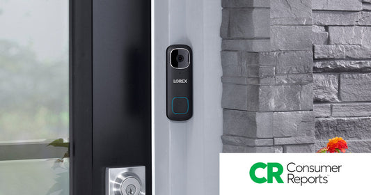 Lorex 2K Wi-Fi Video Doorbell mounted beside a front door, featured in Consumer Reports’ roundup of the best subscription-free video doorbells.