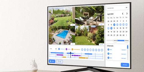 A TV screen displays the Lorex NVR interface with multiple camera feeds, illustrating how Lorex’s system automatically reviews footage to save users hours of manual monitoring.