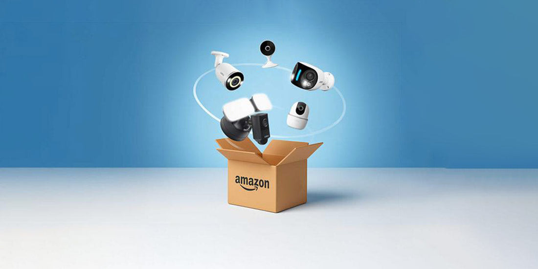 Lorex security cameras and floodlight camera floating above an Amazon box for Prime Day deals promotion.