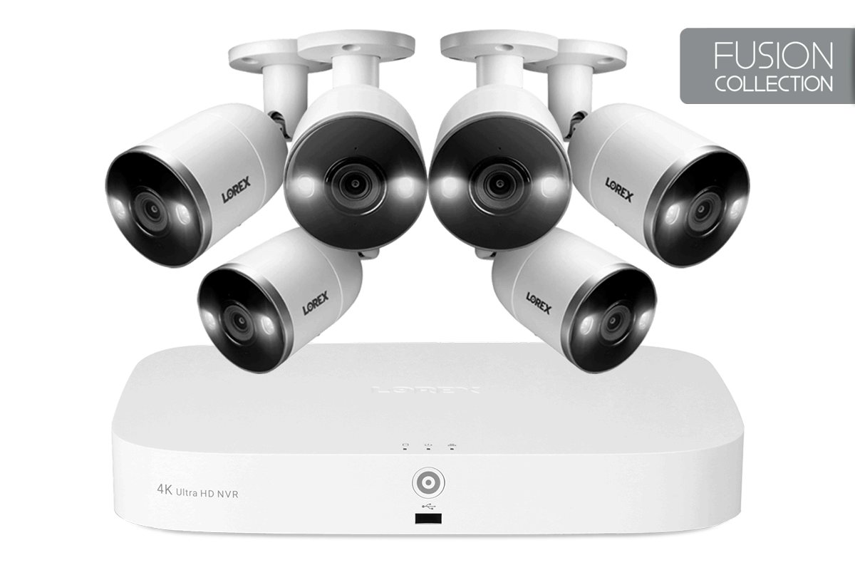 Sistema NVR Lorex 4K de 8 canales con 6 cámaras de disuasión inteligente, capacidades de fusión y detección de movimiento inteligente Plus