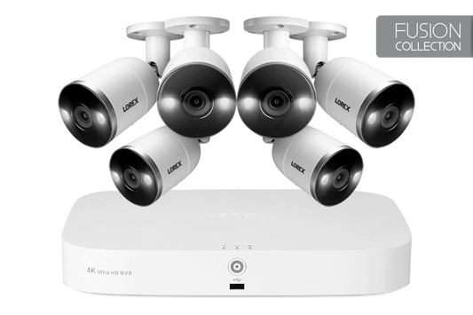 Sistema NVR Lorex 4K de 8 canales con 6 cámaras de disuasión inteligente, capacidades de fusión y detección de movimiento inteligente Plus